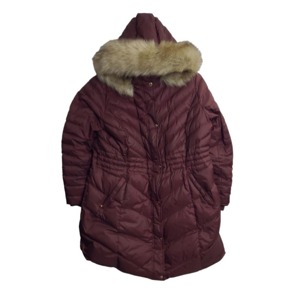 TALBOTS woman plum purple puffer fown‎ filled jacket with faux fur hood 2X